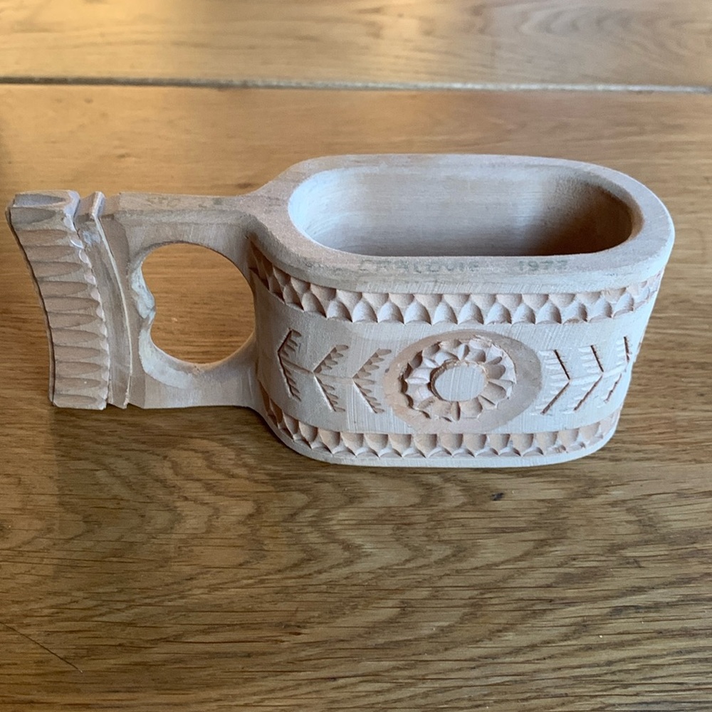 Vintage Hand-carved Wooden Cup , Signed Cracovie 1977 , Poland